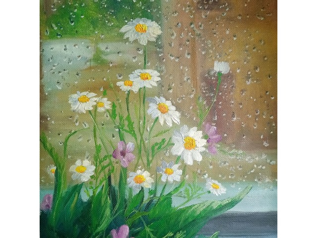 Картина Летний дождь за окном и цветы