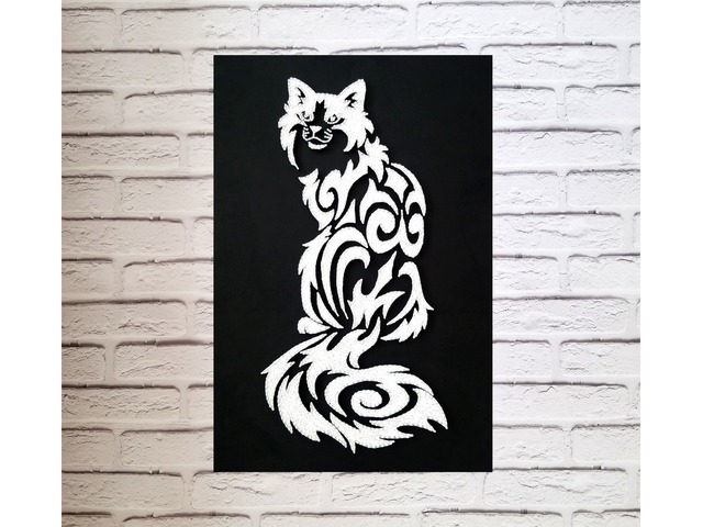 Картина Белый Кот, Стринг Арт кот, Декор в дом, Черно белое панно