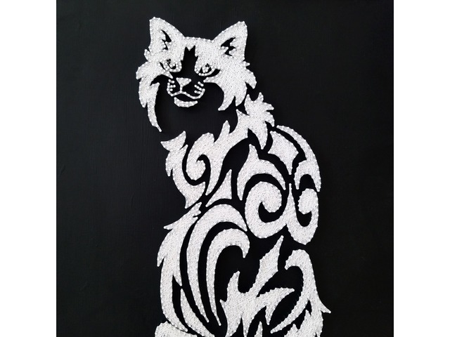 Картина Белый Кот, Стринг Арт кот, Декор в дом, Черно белое панно