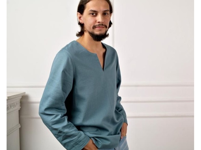 Мужская рубашка из натурального льна, льняная рубашкас закатывающимися рукавами