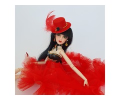 Кукла Мулен Руж, красное платье, шляпка с пером, желтые глаза