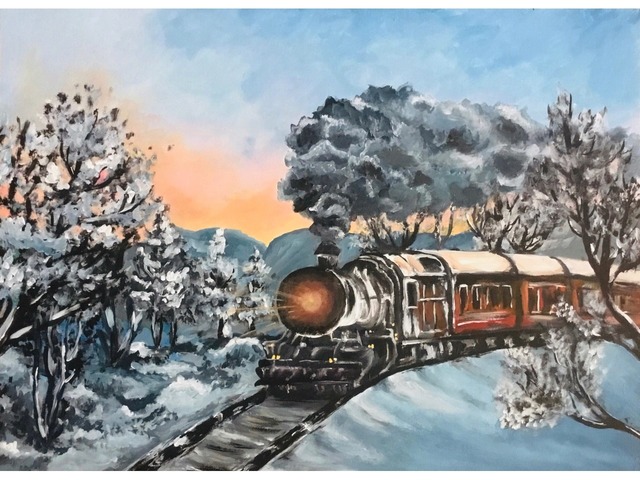 Картина акрилом "Зимний поезд"