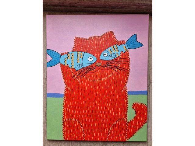 Акрил. Картина "Кот с рыбками"