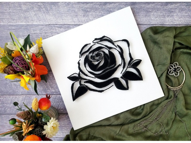 Стринг арт роза, изонить, картина черно белая, декор на стену лофт, черно белое панно