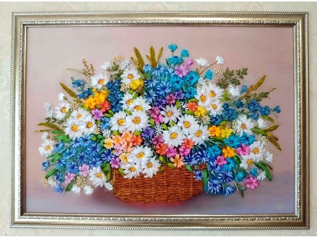 Картина з вишивкою стрічками "Квітковий кошик"