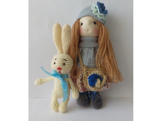 Текстильная интерьерная кукла ручной работы Анастасия и заяц Степан.