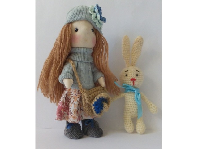 Текстильная интерьерная кукла ручной работы Анастасия и заяц Степан.