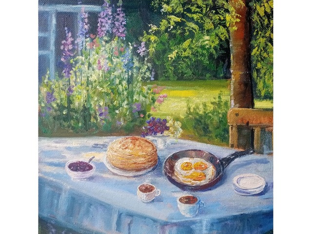 Натюрморт Завтрак в саду.Лето..Картина маслом на двп