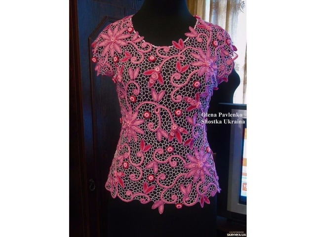 Блуза ′Розовый рассвет′ связана в технике ирландского кружева на заказ.