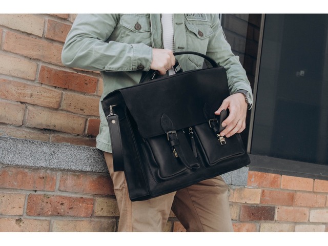 Чорний портфель зі шкіри для ноутбука, Ділова шкіряна сумка чоловіча для документів