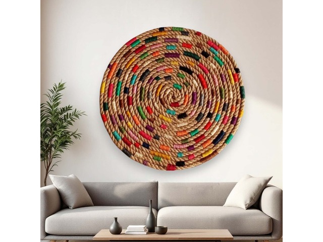 Стильний круглий настінний декор ручної роботи з джуту, ф50см