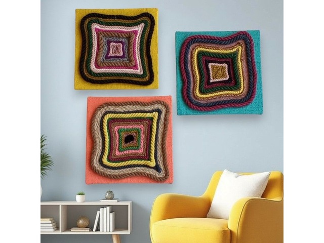 Триптих у техніці фібер арт. 3 картини для декору інтер'єру в стилі лофт, рустик