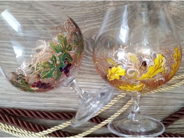Коньячные бокалы с ручной росписью"Дуэт винограда и дуба"