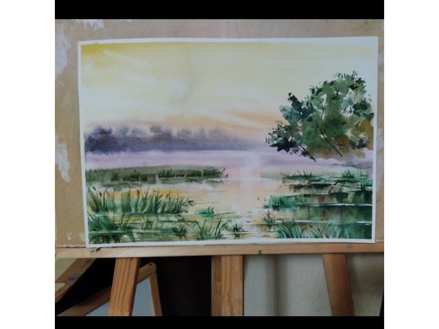 Акварель, закт на водоеме