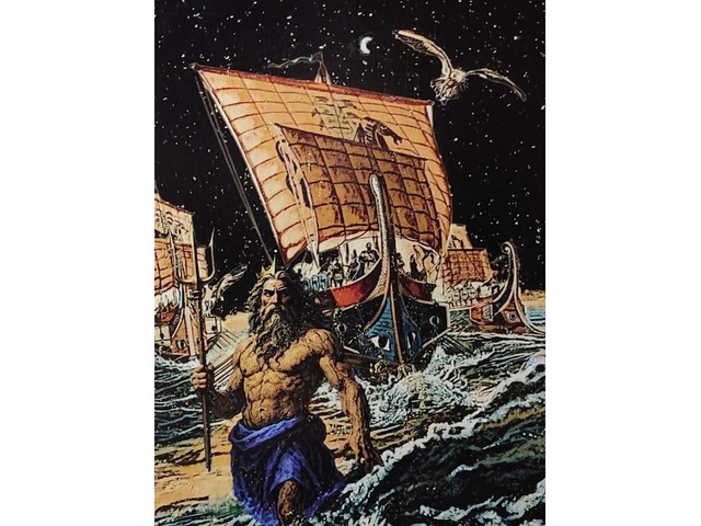 Картина,панно.Посейдон морской бог и Одиссей .Античный стиль.Греция.