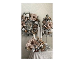 Новорічний різдвяний комплект з великими білими оленями із засніжених литих хвойних гілок