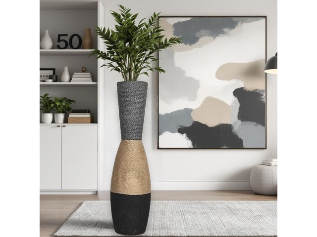 Висока підлогова ваза з джутовим декором (80 см) – рустик, бохо, лофт стиль