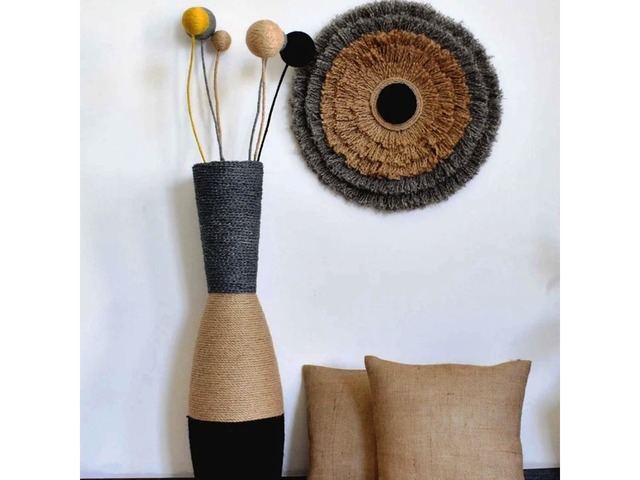 Висока підлогова ваза з джутовим декором (80 см) – рустик, бохо, лофт стиль