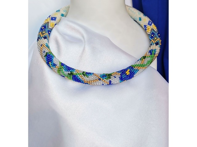 Прикраса із бісеру кольє-джгут "Волошковий танок"