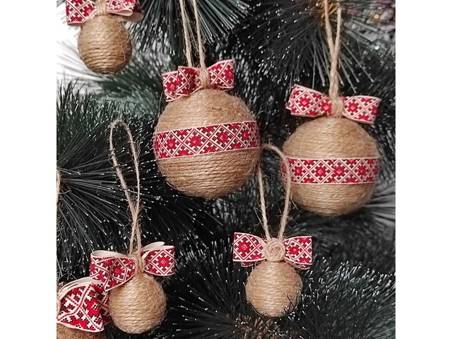 Новорічні іграшки в українському стилі — набір оригінальних ялинкових кульок (6 шт).