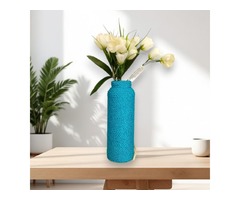 Ваза для квітів зі скляної пляшки, декорована шовковим канатом бірюзового кольору