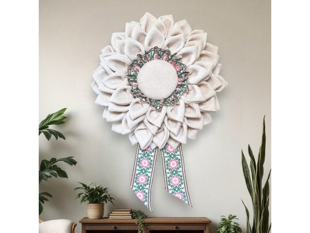 Декоративний вінок з білої мішковини у стилі рустик/прованс, діаметр 52 см