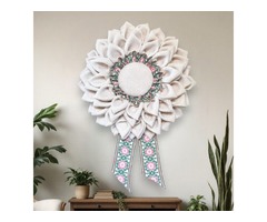 Декоративний вінок з білої мішковини у стилі рустик/прованс, діаметр 52 см