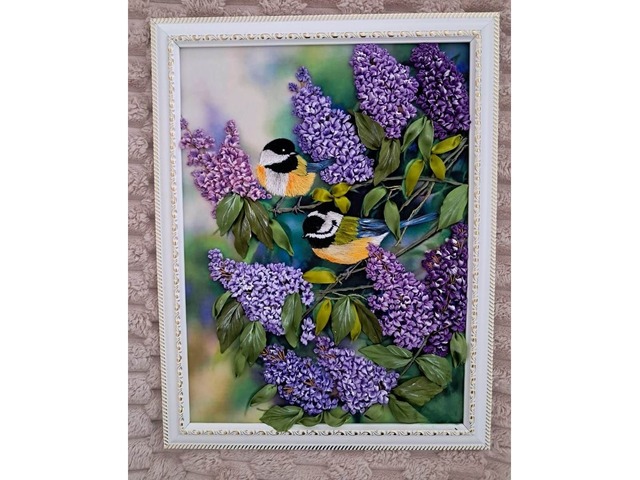 Картина стрічками "Бузок і синички"