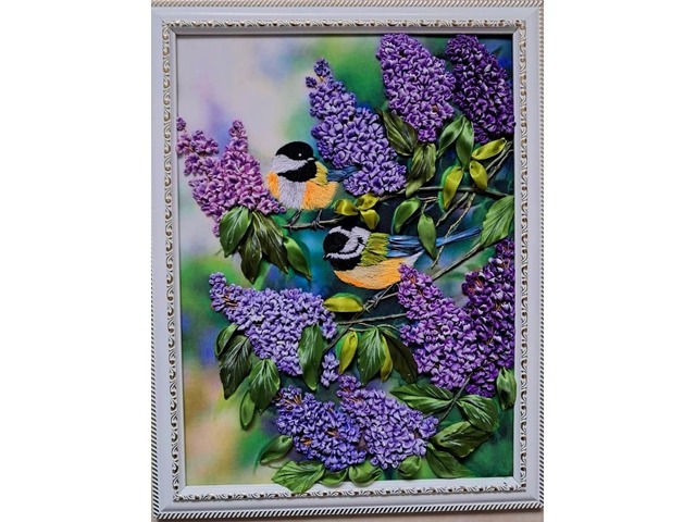 Картина стрічками "Бузок і синички"