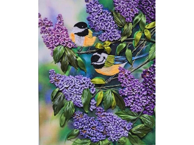 Картина стрічками "Бузок і синички"