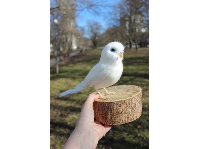 Білий попугай іграшка валяна з шерсті інтерєрна ручної роботи папуга войлочний птица