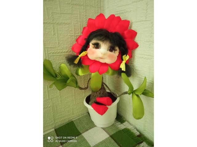 Интерьерная кукла Цветок в горшочке ручная работа Чулочная Техника к 8 марта на подарок