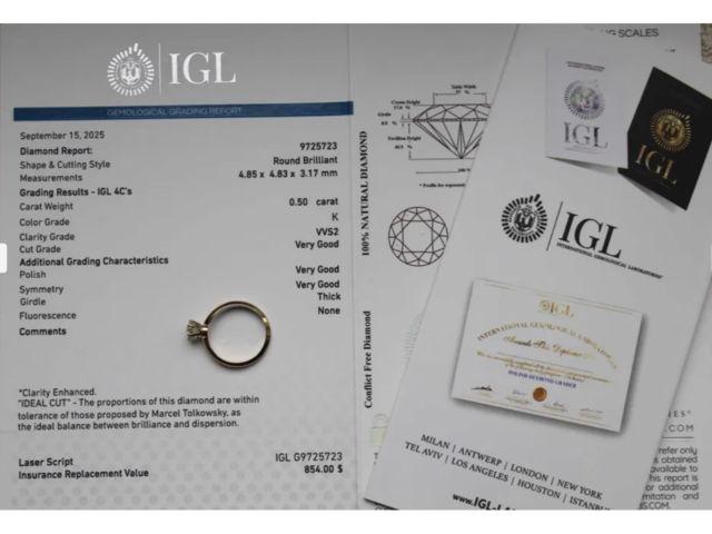 Золотое кольцо с натуральным Бриллиантом 0.5ct K/VVS2