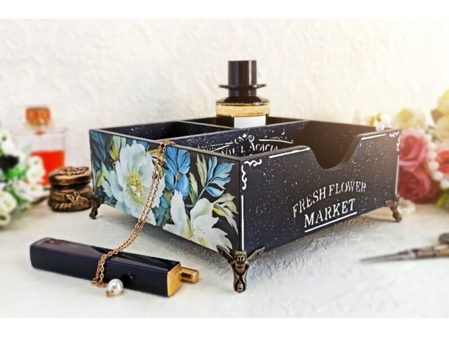 Настольный органайзер «Fresh Flower Market» • Декупаж • Чёрный с пионами