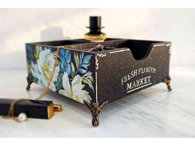 Настольный органайзер «Fresh Flower Market» • Декупаж • Чёрный с пионами