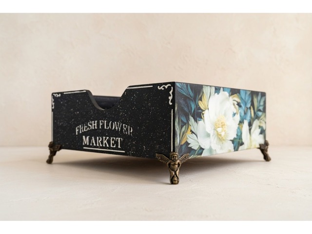 Настольный органайзер «Fresh Flower Market» • Декупаж • Чёрный с пионами