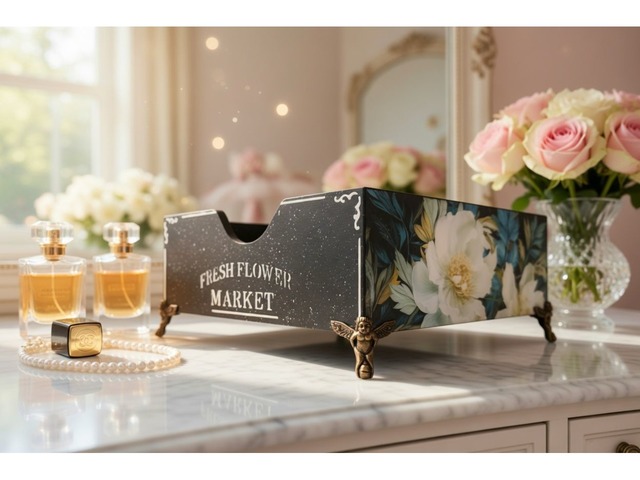 Настольный органайзер «Fresh Flower Market» • Декупаж • Чёрный с пионами