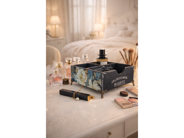 Настольный органайзер «Fresh Flower Market» • Декупаж • Чёрный с пионами