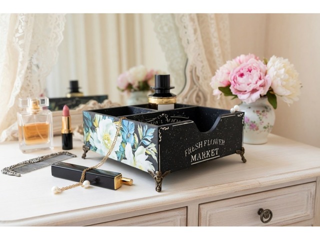 Настольный органайзер «Fresh Flower Market» • Декупаж • Чёрный с пионами
