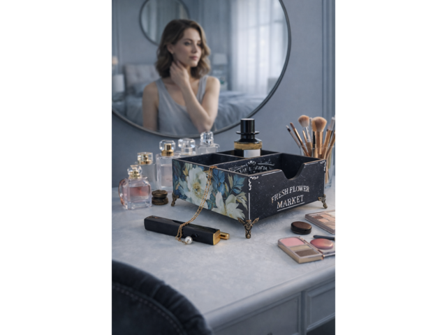 Настольный органайзер «Fresh Flower Market» • Декупаж • Чёрный с пионами