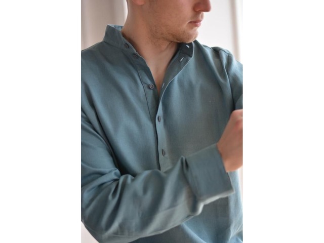 Мужская рубашка из льна с воротником стойка, мужская льняная рубашка