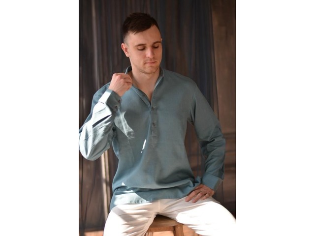 Мужская рубашка из льна с воротником стойка, мужская льняная рубашка