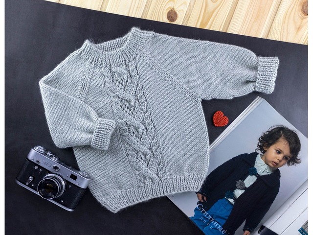 Вязаный светло-серый джемпер с косой / детский свитер / кофта унисекс / реглан