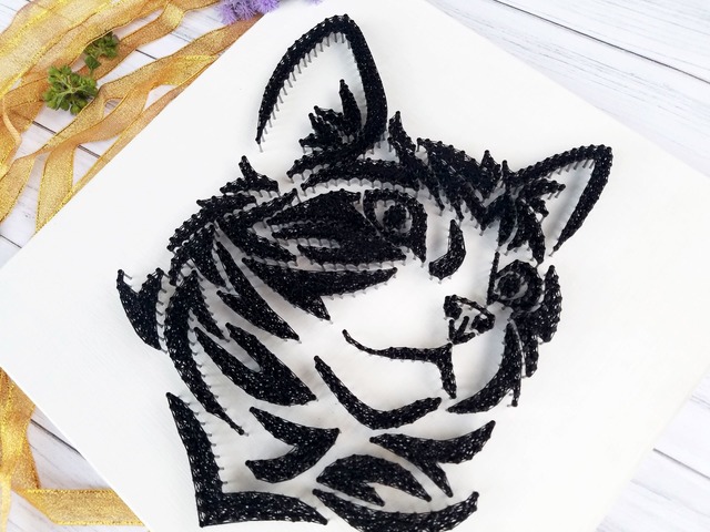 Картина черный кот, стринг арт, черно-белый декор панно, подарок котик