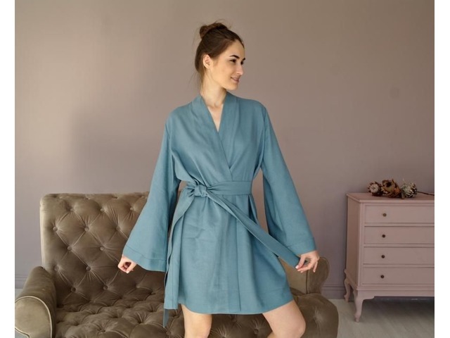 Элегантный халатик из льна, льняной женский халат, халат кимоно