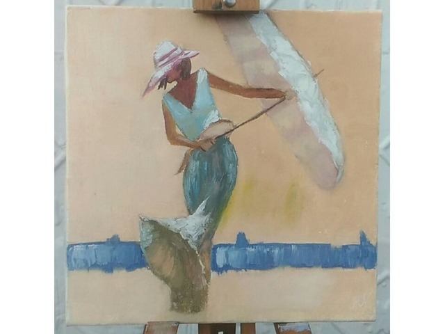 Картина маслом девушка с зонтом. Энергия ветра